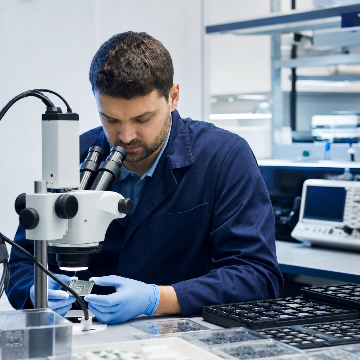 Quality technician examining an electronic component through a laboratory microscope
