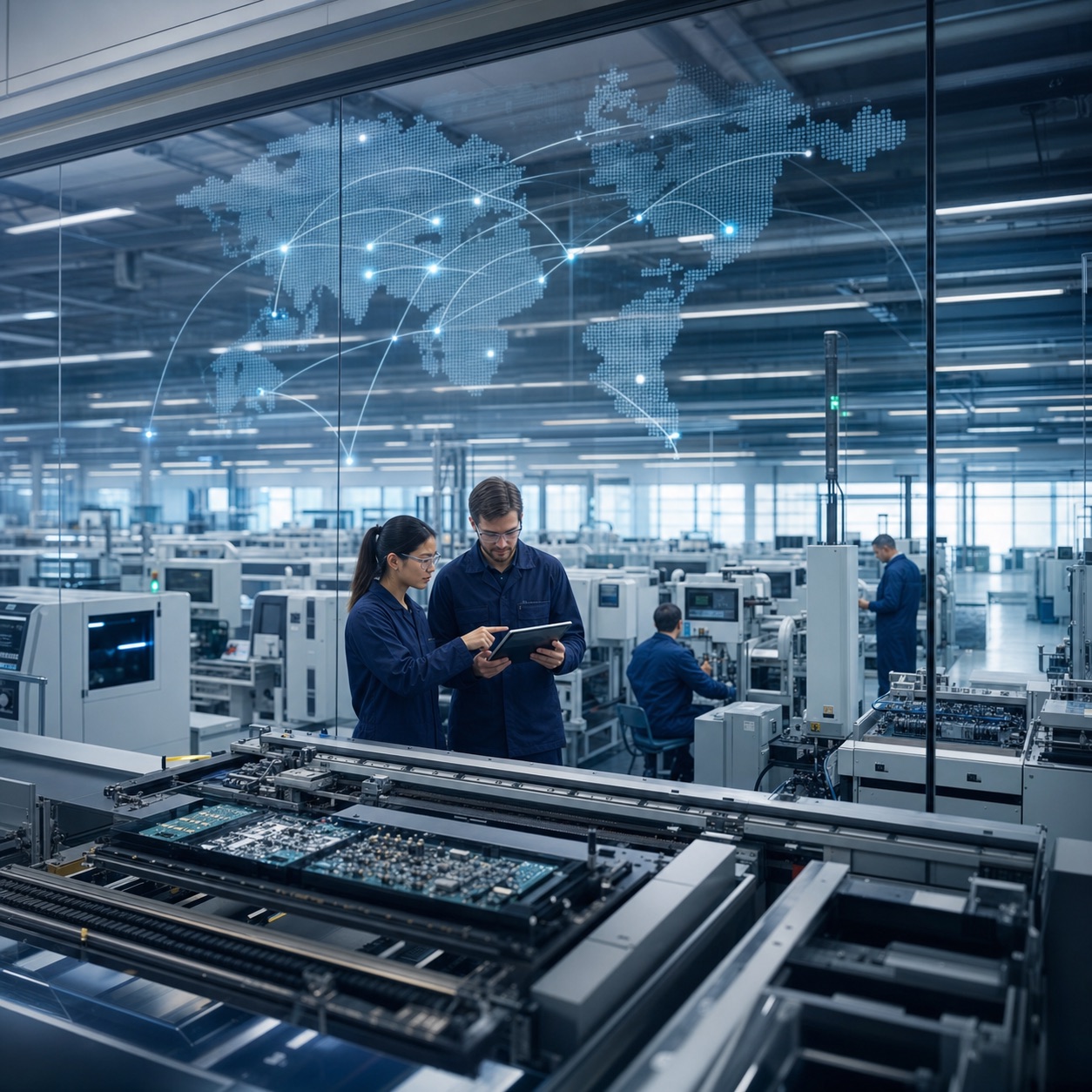 Electronics manufacturing specialists working in a connected production facility