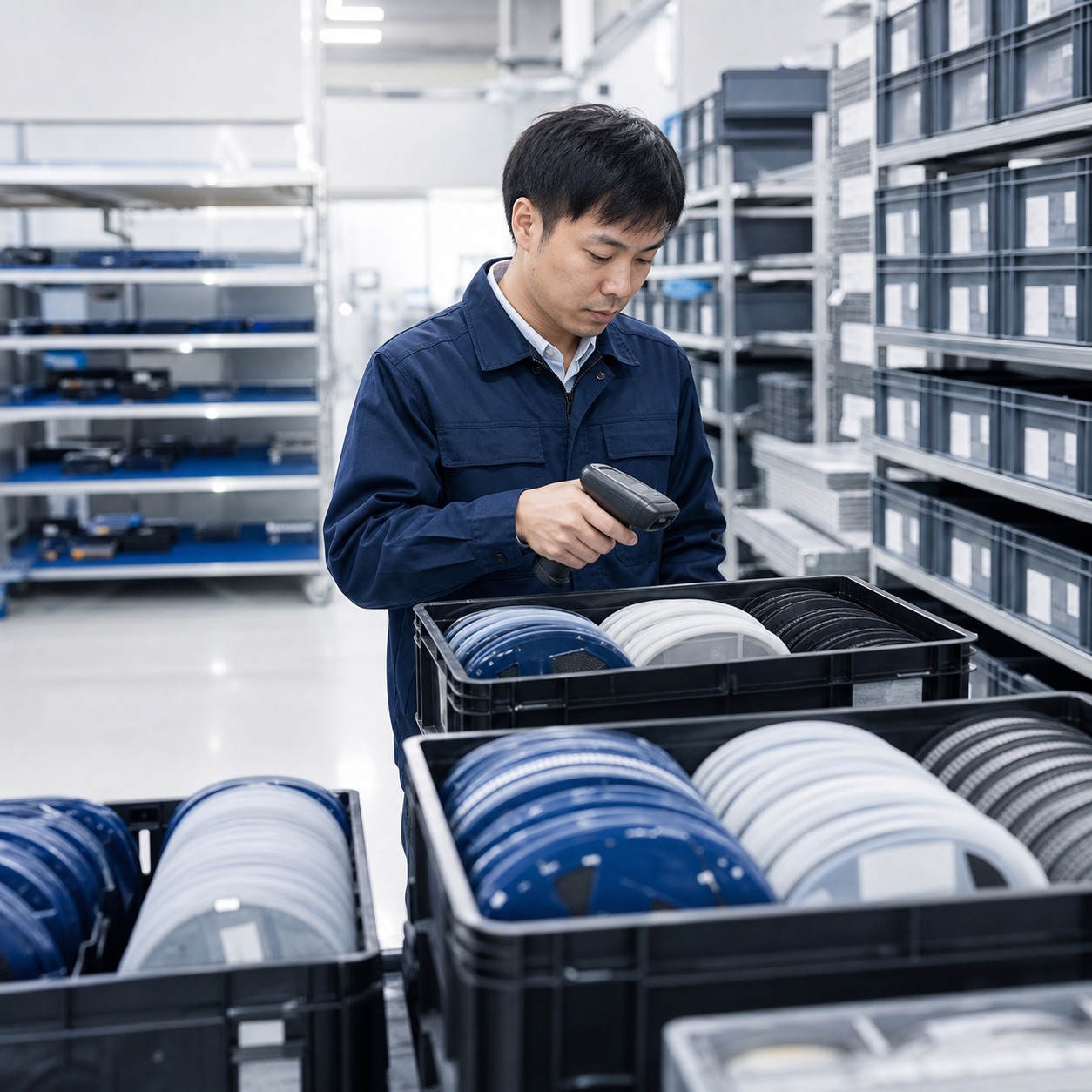 Electronic component reels being scanned in an organized distribution center